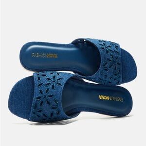 Fashion Nova Denim Blue Floral Slides